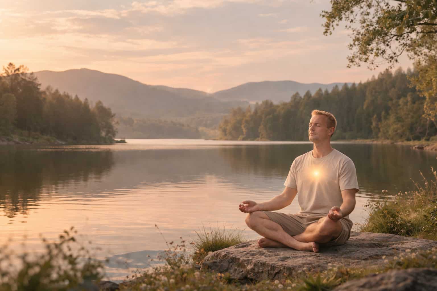 Diego De Castro meditando junto al lago al amanecer